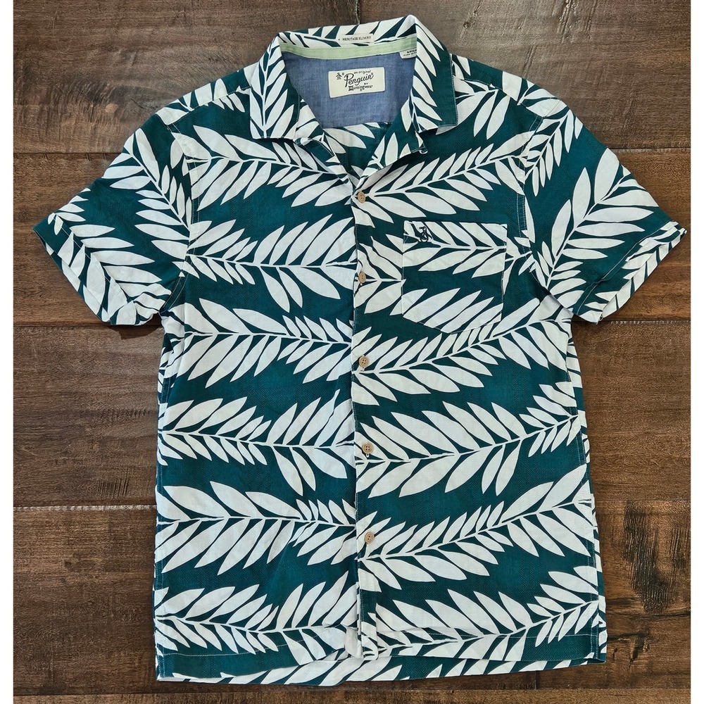 Hawaiian Resort Mens Heritage Slim Fit Short Sleeve Leaf Print Shirt Green S